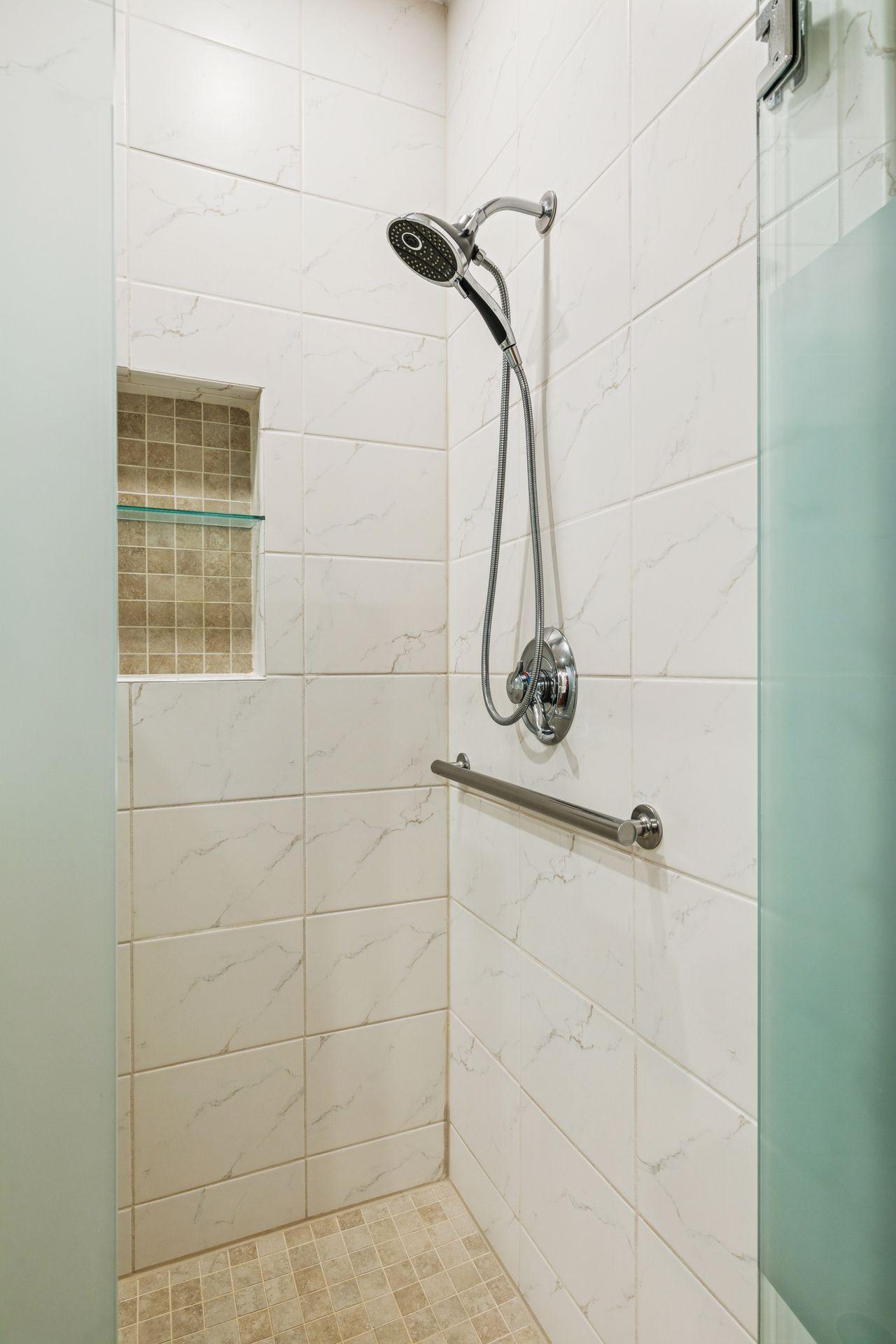 Tile shower with frosted glass